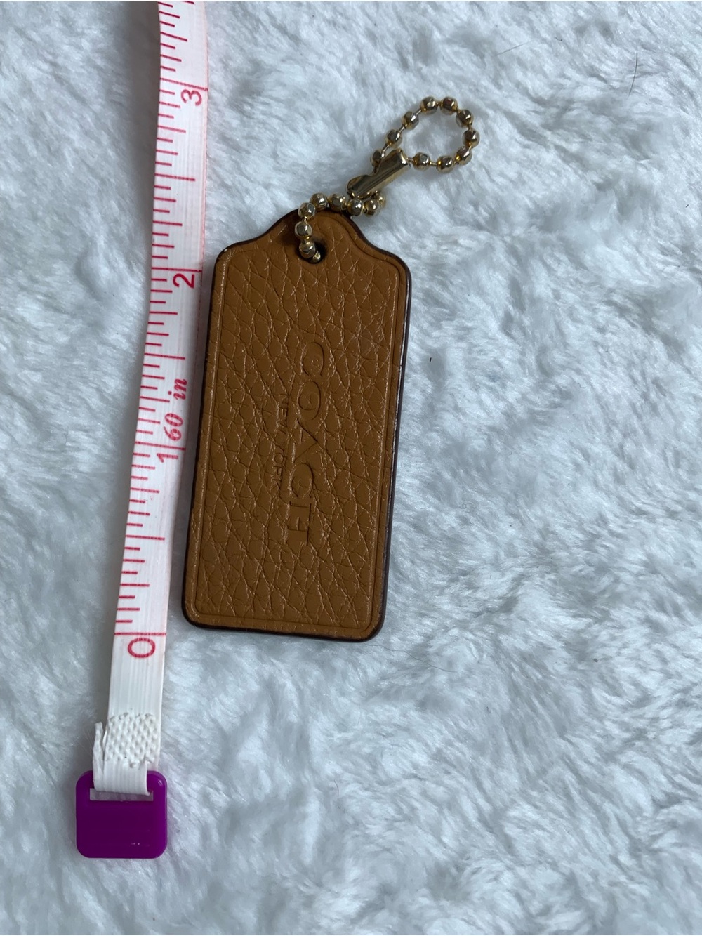 Coach Tan Pebbled Leather Key Tag with Gold Chain